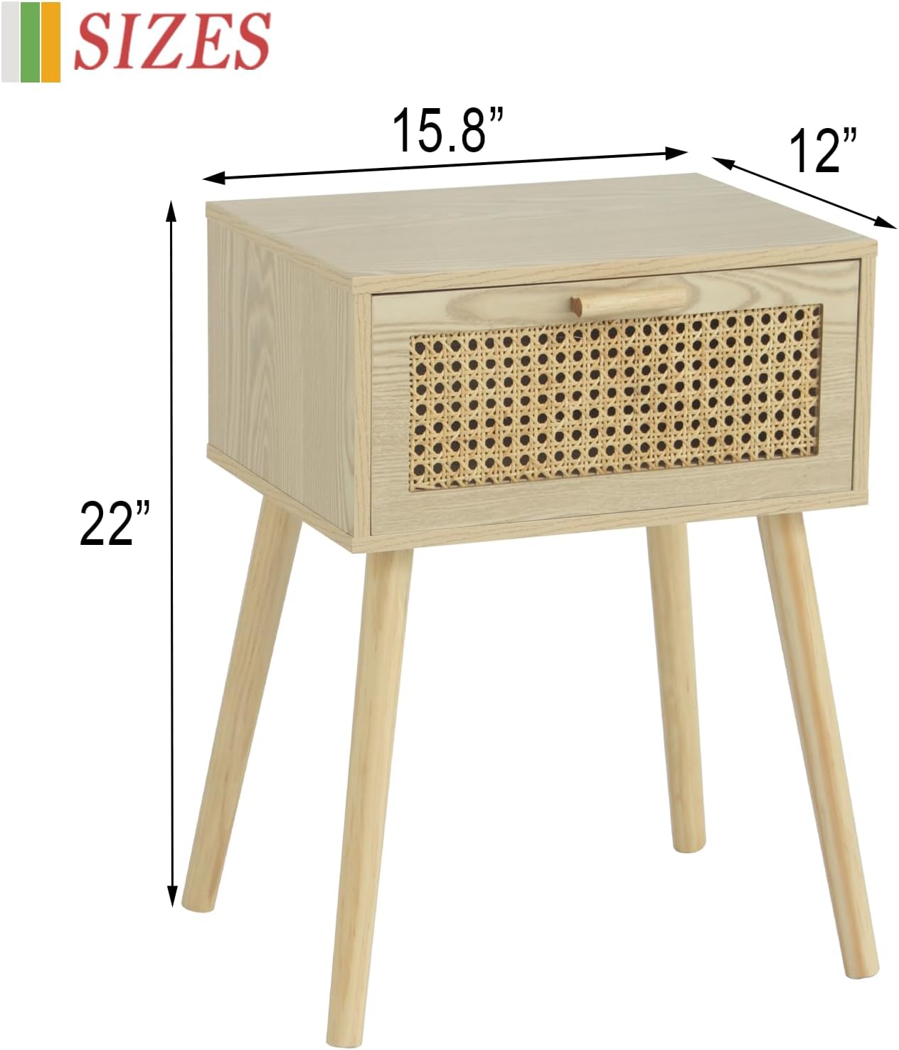 AWASEN Rattan Nightstand, Bedside Table with Rattan Drawer, Wood End Table with Storage and Solid Wood Legs for Bedroom Living Room Small Space (Walnut) - Image 2