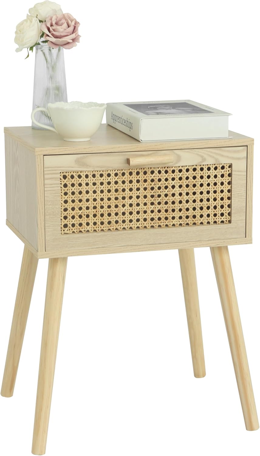 AWASEN Rattan Nightstand, Bedside Table with Rattan Drawer, Wood End Table with Storage and Solid Wood Legs for Bedroom Living Room Small Space (Walnut) - Image 3