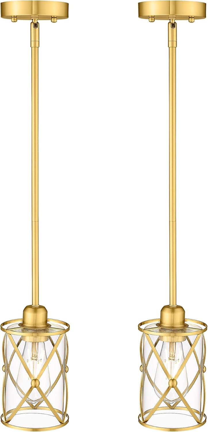 Brushed Gold Pendant Lights Kitchen Island, 2 Pack Brass Glass Pendant Light Fixture Farmhouse Cage Hanging Lighting with Rod for Kitchen Island Sink Bathroom, CH9176BG-2PKG - Image 9