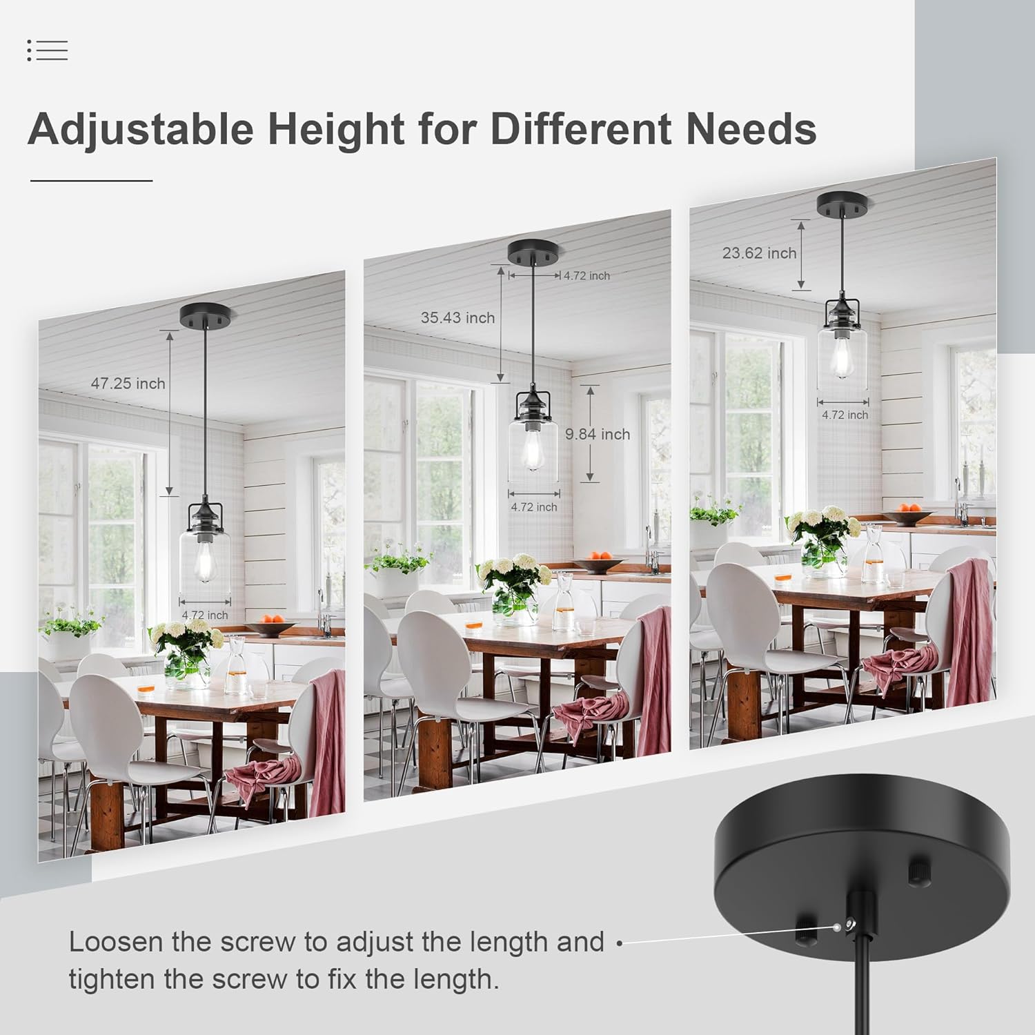 hansang Pendant Lights Kitchen Island, Modern Black Pendant Light Fixture, Kitchen Ceiling Hanging Lights, 47Inches Adjustable Rope, Farmhouse Clear Glass, E26 Base, Bulbs Not Included, 1 Pack - Image 3