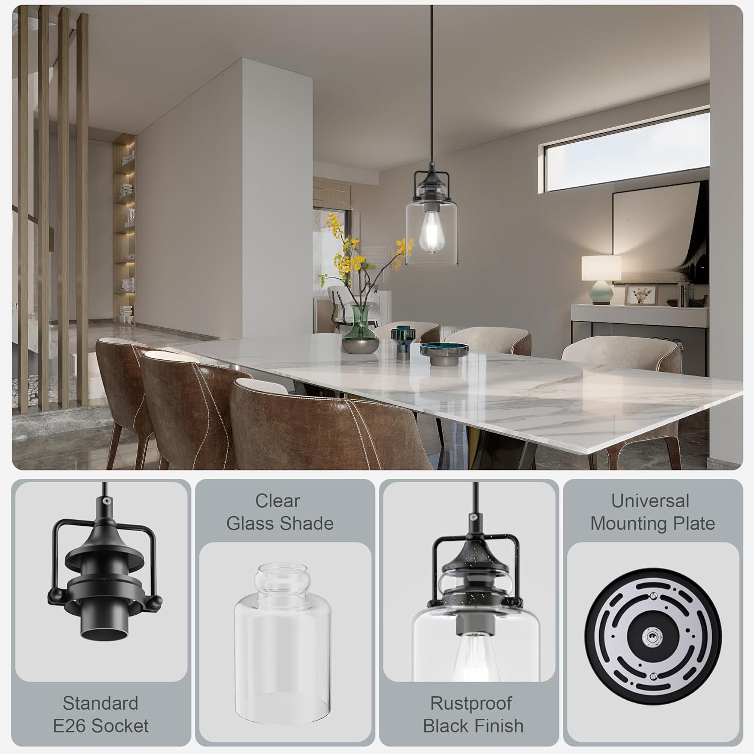 hansang Pendant Lights Kitchen Island, Modern Black Pendant Light Fixture, Kitchen Ceiling Hanging Lights, 47Inches Adjustable Rope, Farmhouse Clear Glass, E26 Base, Bulbs Not Included, 1 Pack - Image 4