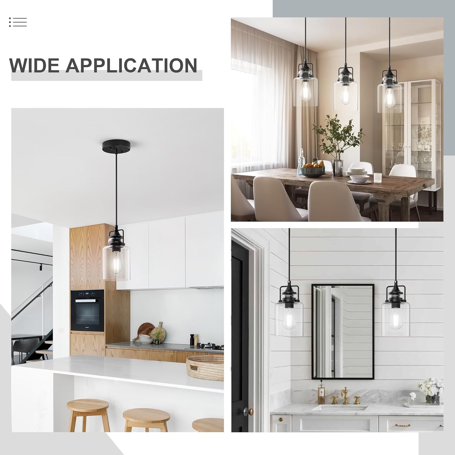 hansang Pendant Lights Kitchen Island, Modern Black Pendant Light Fixture, Kitchen Ceiling Hanging Lights, 47Inches Adjustable Rope, Farmhouse Clear Glass, E26 Base, Bulbs Not Included, 1 Pack - Image 5