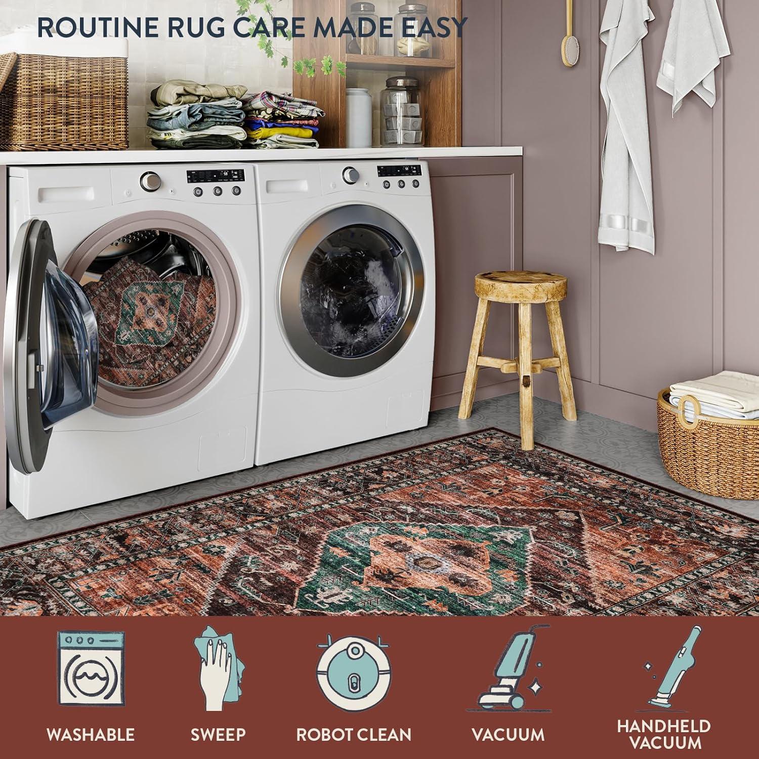 Lahome 8x10 Rugs for Living Room - Non-Slip Ultra-Thin Washable Large Area Rug, Non-Shedding Oriental Vintage Distressed Carpet for Dining Room Bedroom Office - Image 4